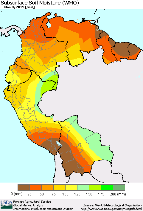Northern South America Subsurface Soil Moisture (WMO) Thematic Map For 2/25/2019 - 3/3/2019
