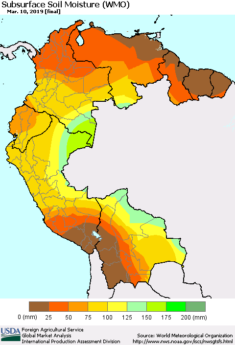 Northern South America Subsurface Soil Moisture (WMO) Thematic Map For 3/4/2019 - 3/10/2019