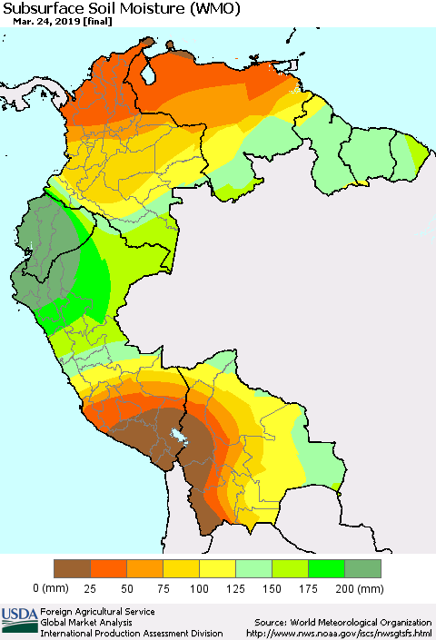 Northern South America Subsurface Soil Moisture (WMO) Thematic Map For 3/18/2019 - 3/24/2019