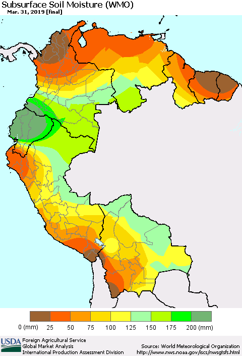 Northern South America Subsurface Soil Moisture (WMO) Thematic Map For 3/25/2019 - 3/31/2019