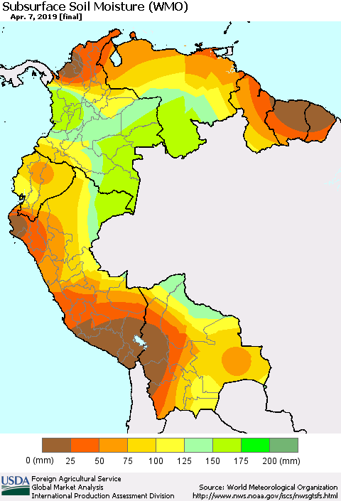 Northern South America Subsurface Soil Moisture (WMO) Thematic Map For 4/1/2019 - 4/7/2019