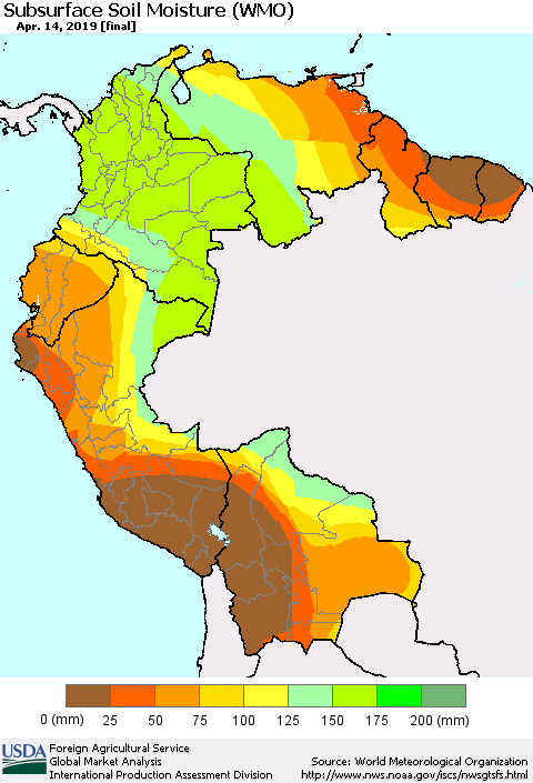 Northern South America Subsurface Soil Moisture (WMO) Thematic Map For 4/8/2019 - 4/14/2019