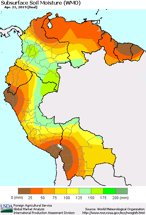 Northern South America Subsurface Soil Moisture (WMO) Thematic Map For 4/15/2019 - 4/21/2019