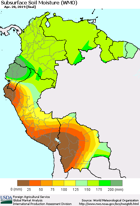 Northern South America Subsurface Soil Moisture (WMO) Thematic Map For 4/22/2019 - 4/28/2019
