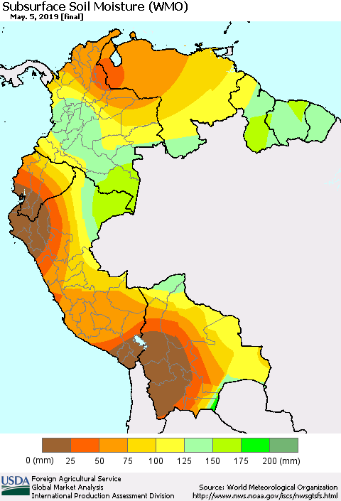 Northern South America Subsurface Soil Moisture (WMO) Thematic Map For 4/29/2019 - 5/5/2019