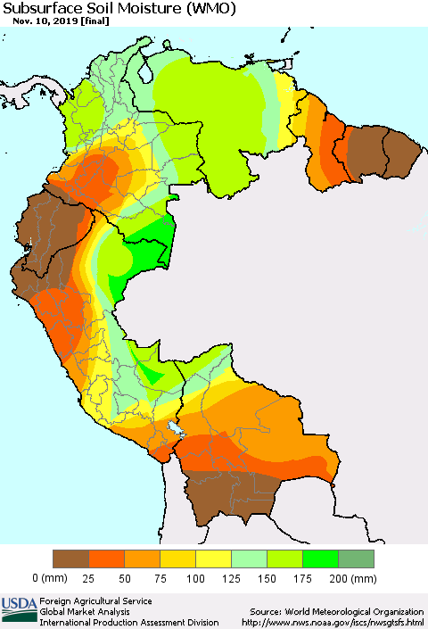 Northern South America Subsurface Soil Moisture (WMO) Thematic Map For 11/4/2019 - 11/10/2019