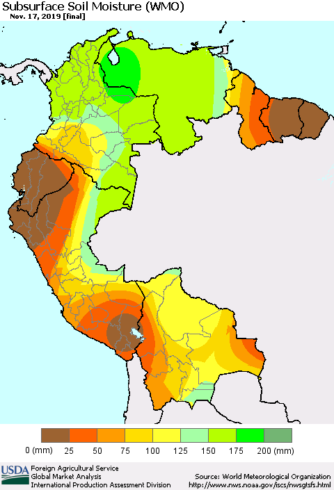 Northern South America Subsurface Soil Moisture (WMO) Thematic Map For 11/11/2019 - 11/17/2019