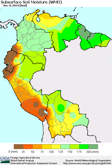Northern South America Subsurface Soil Moisture (WMO) Thematic Map For 12/2/2019 - 12/8/2019