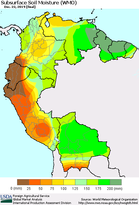 Northern South America Subsurface Soil Moisture (WMO) Thematic Map For 12/16/2019 - 12/22/2019