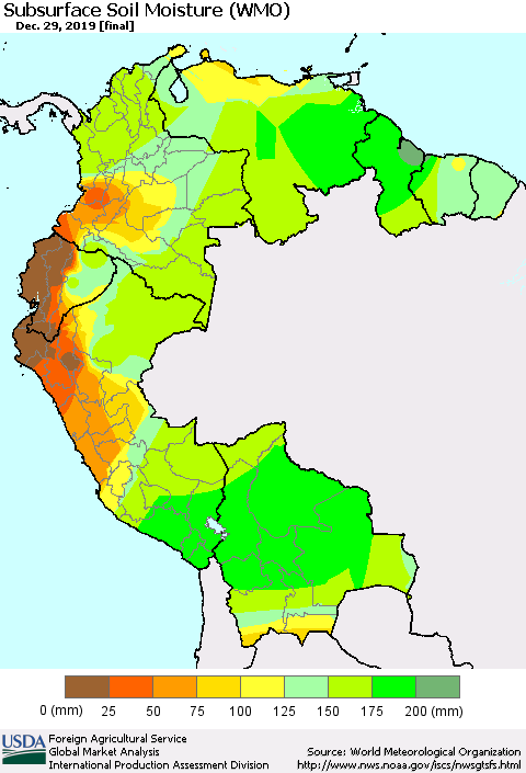 Northern South America Subsurface Soil Moisture (WMO) Thematic Map For 12/23/2019 - 12/29/2019