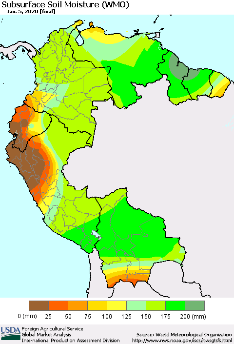 Northern South America Subsurface Soil Moisture (WMO) Thematic Map For 12/30/2019 - 1/5/2020