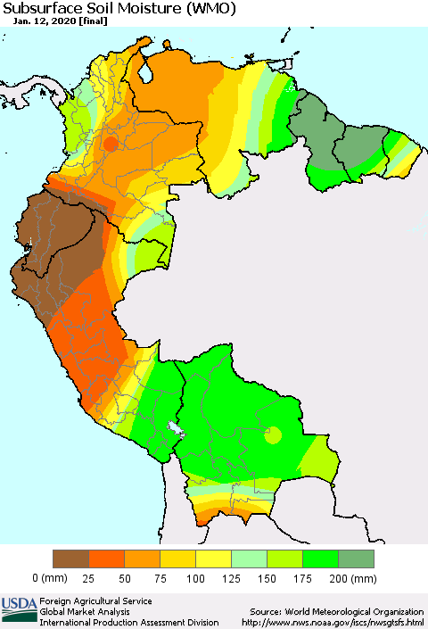 Northern South America Subsurface Soil Moisture (WMO) Thematic Map For 1/6/2020 - 1/12/2020