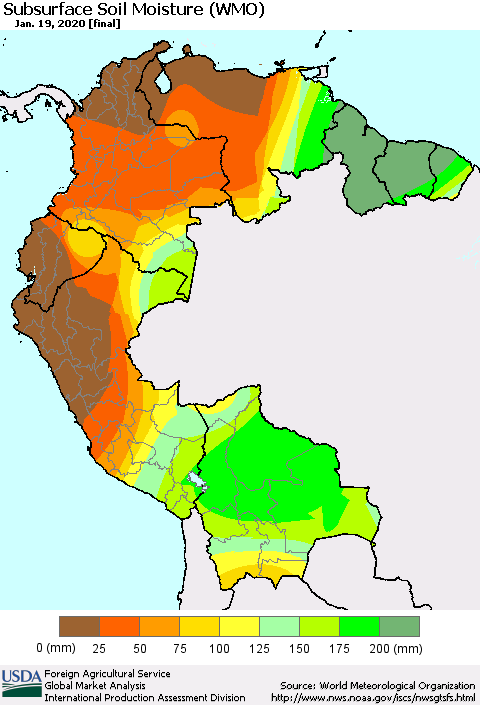 Northern South America Subsurface Soil Moisture (WMO) Thematic Map For 1/13/2020 - 1/19/2020