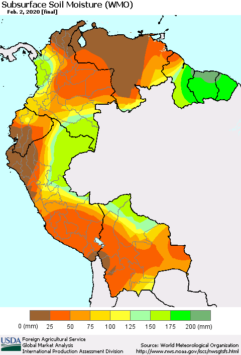 Northern South America Subsurface Soil Moisture (WMO) Thematic Map For 1/27/2020 - 2/2/2020