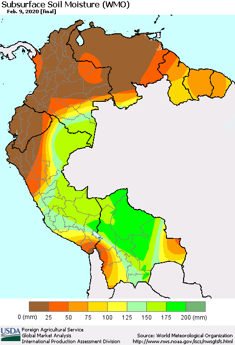 Northern South America Subsurface Soil Moisture (WMO) Thematic Map For 2/3/2020 - 2/9/2020