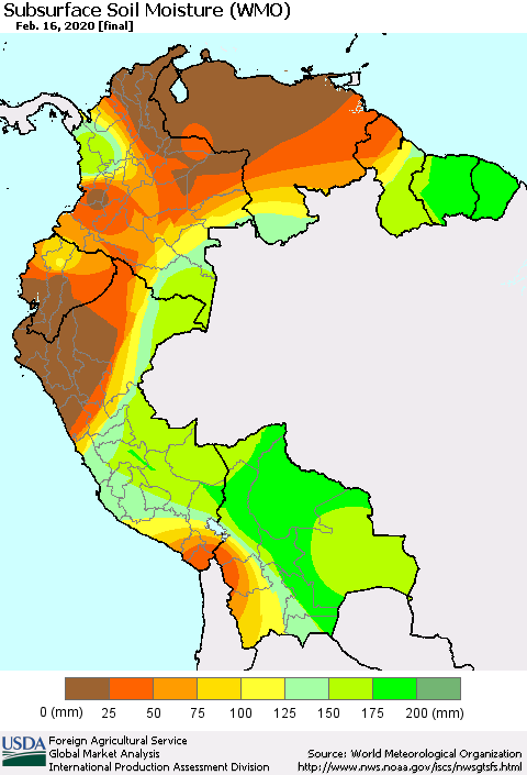 Northern South America Subsurface Soil Moisture (WMO) Thematic Map For 2/10/2020 - 2/16/2020