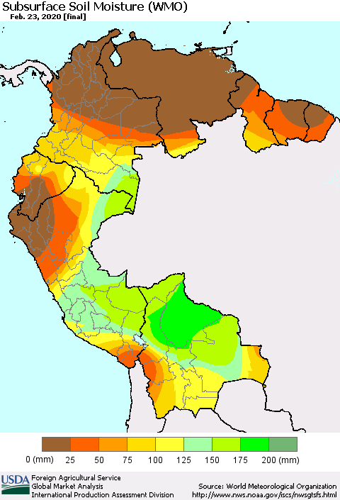 Northern South America Subsurface Soil Moisture (WMO) Thematic Map For 2/17/2020 - 2/23/2020