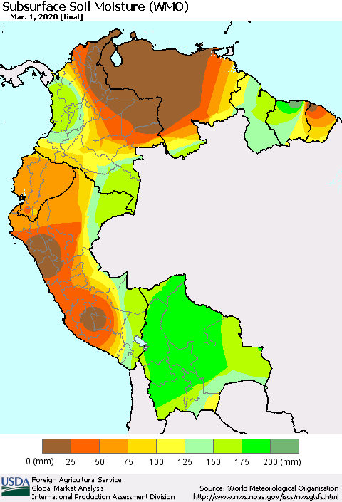 Northern South America Subsurface Soil Moisture (WMO) Thematic Map For 2/24/2020 - 3/1/2020