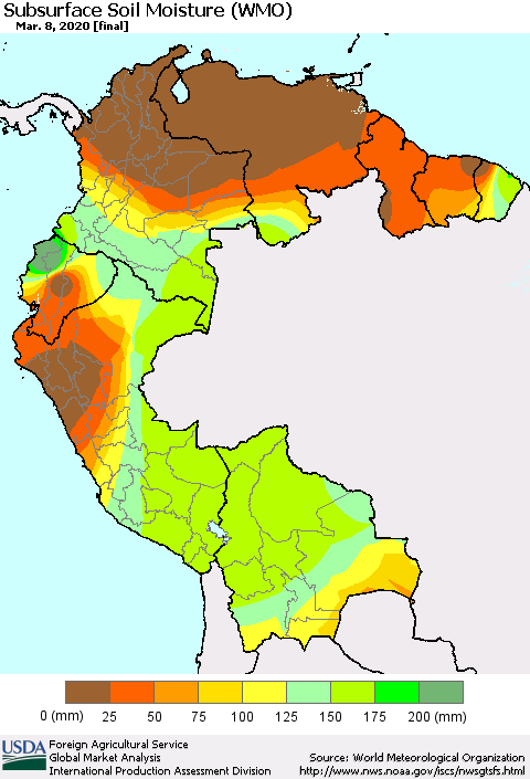 Northern South America Subsurface Soil Moisture (WMO) Thematic Map For 3/2/2020 - 3/8/2020
