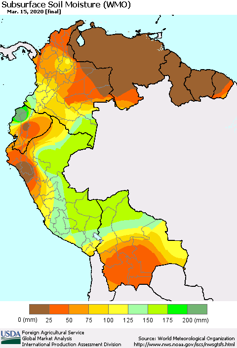 Northern South America Subsurface Soil Moisture (WMO) Thematic Map For 3/9/2020 - 3/15/2020