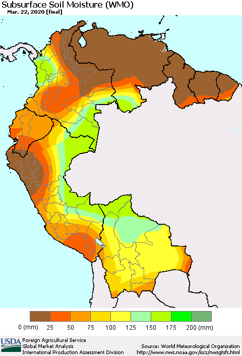 Northern South America Subsurface Soil Moisture (WMO) Thematic Map For 3/16/2020 - 3/22/2020