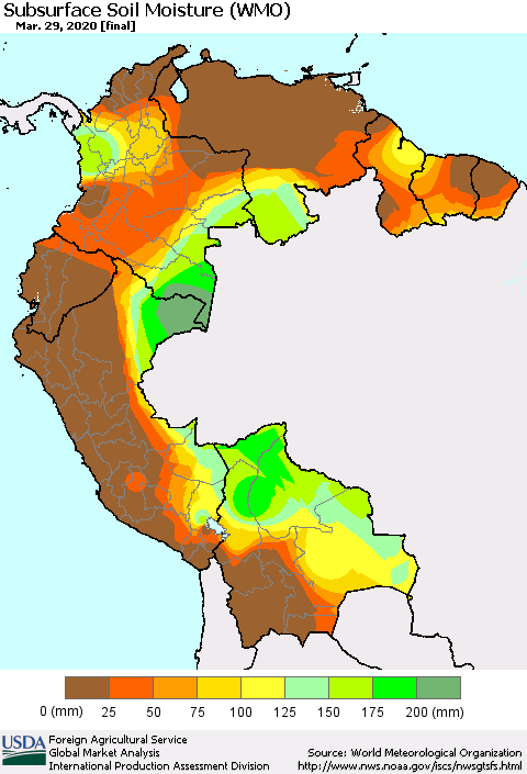 Northern South America Subsurface Soil Moisture (WMO) Thematic Map For 3/23/2020 - 3/29/2020