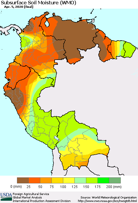 Northern South America Subsurface Soil Moisture (WMO) Thematic Map For 3/30/2020 - 4/5/2020