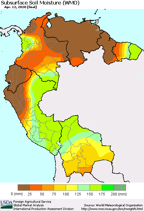 Northern South America Subsurface Soil Moisture (WMO) Thematic Map For 4/6/2020 - 4/12/2020