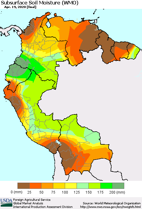 Northern South America Subsurface Soil Moisture (WMO) Thematic Map For 4/13/2020 - 4/19/2020