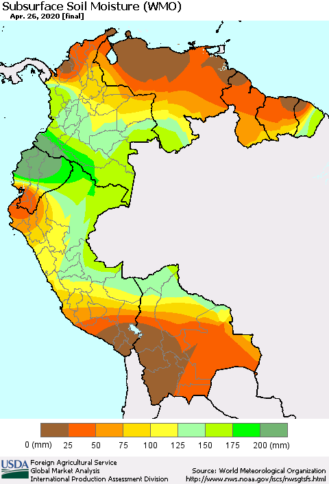 Northern South America Subsurface Soil Moisture (WMO) Thematic Map For 4/20/2020 - 4/26/2020