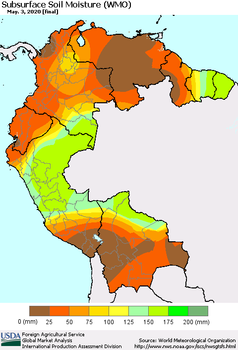 Northern South America Subsurface Soil Moisture (WMO) Thematic Map For 4/27/2020 - 5/3/2020