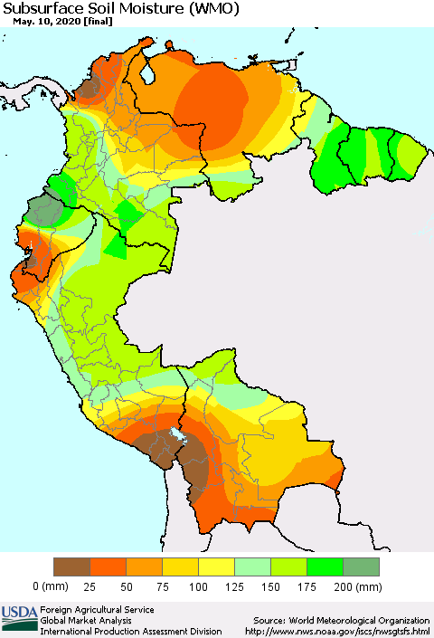 Northern South America Subsurface Soil Moisture (WMO) Thematic Map For 5/4/2020 - 5/10/2020