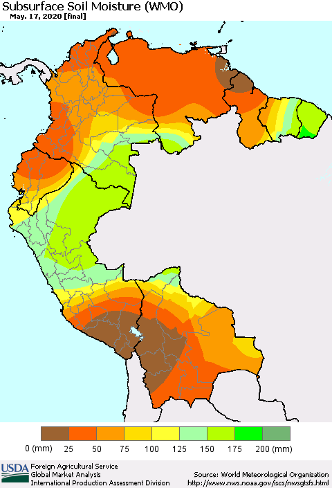Northern South America Subsurface Soil Moisture (WMO) Thematic Map For 5/11/2020 - 5/17/2020