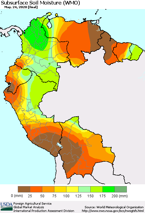 Northern South America Subsurface Soil Moisture (WMO) Thematic Map For 5/18/2020 - 5/24/2020
