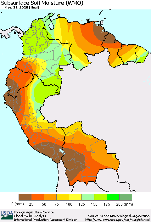 Northern South America Subsurface Soil Moisture (WMO) Thematic Map For 5/25/2020 - 5/31/2020