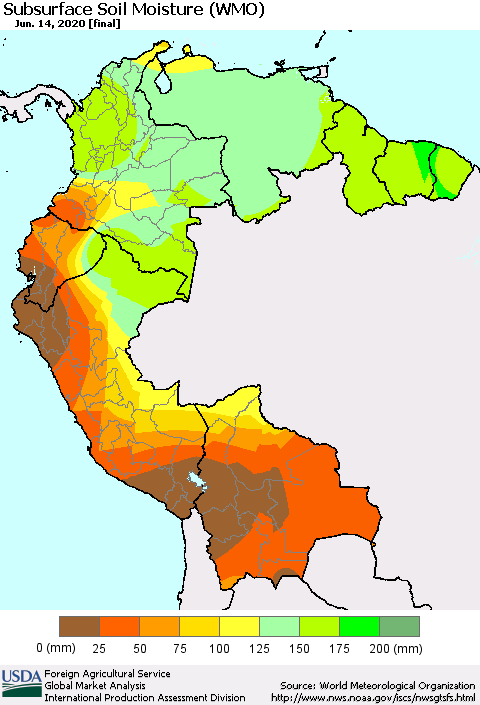 Northern South America Subsurface Soil Moisture (WMO) Thematic Map For 6/8/2020 - 6/14/2020