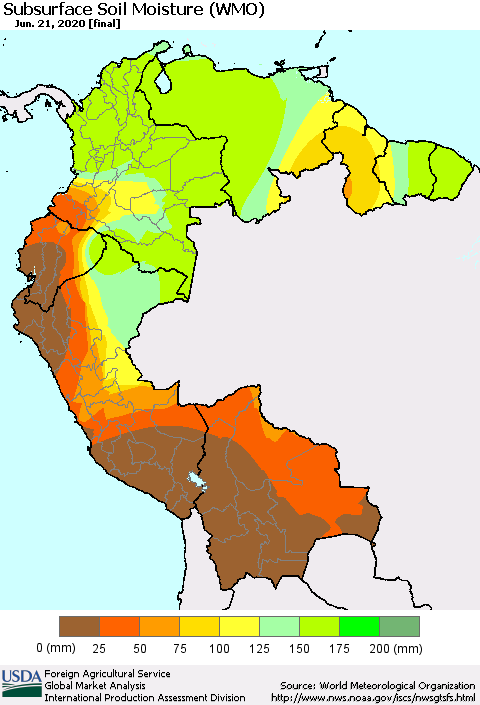 Northern South America Subsurface Soil Moisture (WMO) Thematic Map For 6/15/2020 - 6/21/2020