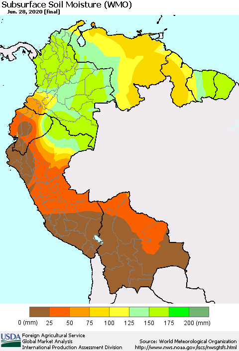 Northern South America Subsurface Soil Moisture (WMO) Thematic Map For 6/22/2020 - 6/28/2020