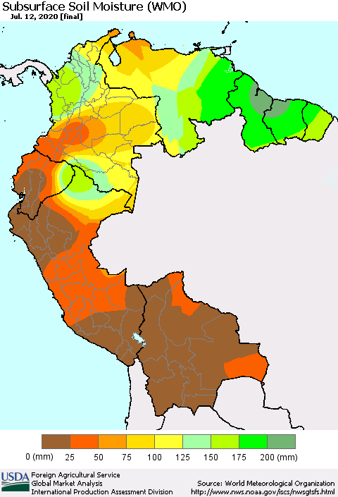 Northern South America Subsurface Soil Moisture (WMO) Thematic Map For 7/6/2020 - 7/12/2020