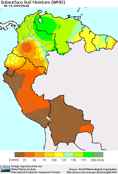 Northern South America Subsurface Soil Moisture (WMO) Thematic Map For 7/13/2020 - 7/19/2020