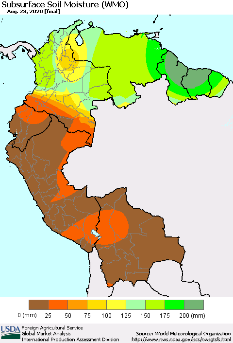 Northern South America Subsurface Soil Moisture (WMO) Thematic Map For 8/17/2020 - 8/23/2020