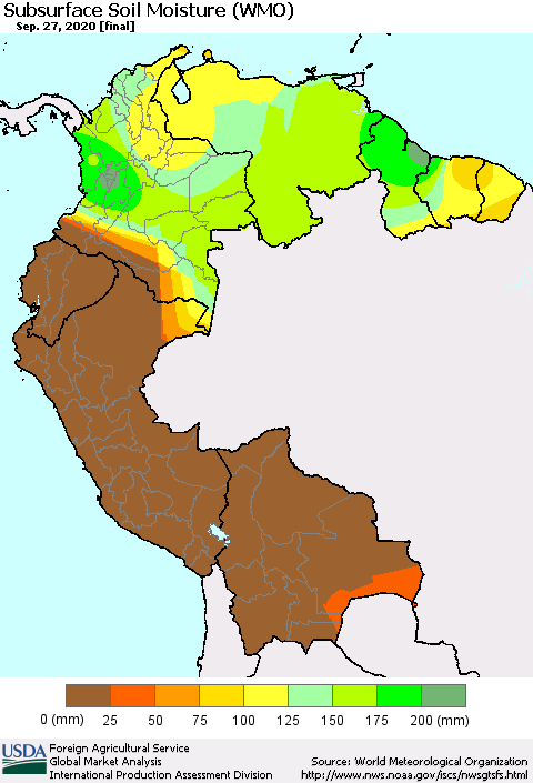 Northern South America Subsurface Soil Moisture (WMO) Thematic Map For 9/21/2020 - 9/27/2020