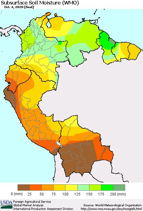Northern South America Subsurface Soil Moisture (WMO) Thematic Map For 9/28/2020 - 10/4/2020
