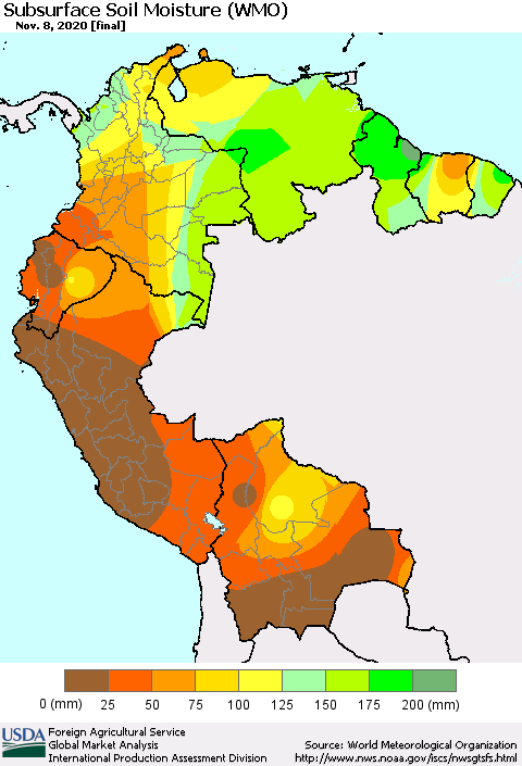 Northern South America Subsurface Soil Moisture (WMO) Thematic Map For 11/2/2020 - 11/8/2020