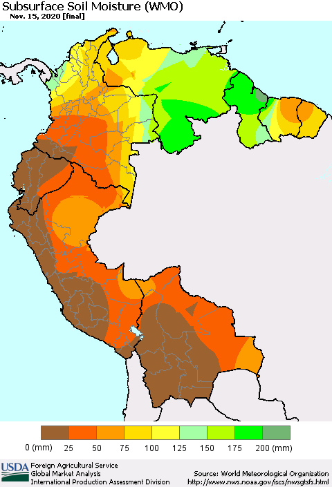 Northern South America Subsurface Soil Moisture (WMO) Thematic Map For 11/9/2020 - 11/15/2020