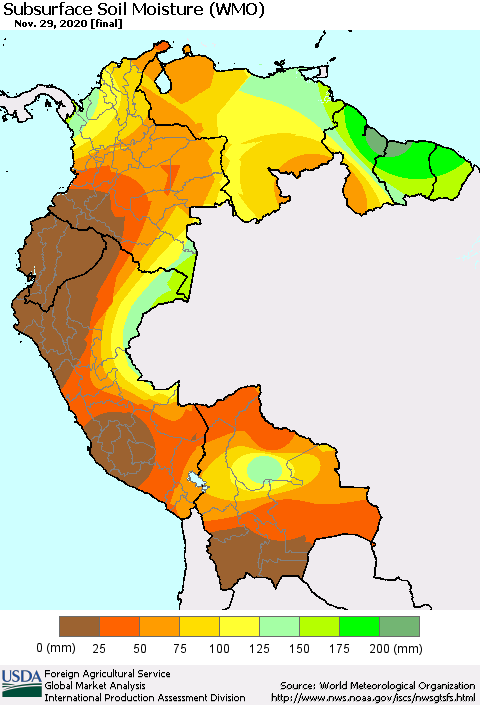 Northern South America Subsurface Soil Moisture (WMO) Thematic Map For 11/23/2020 - 11/29/2020