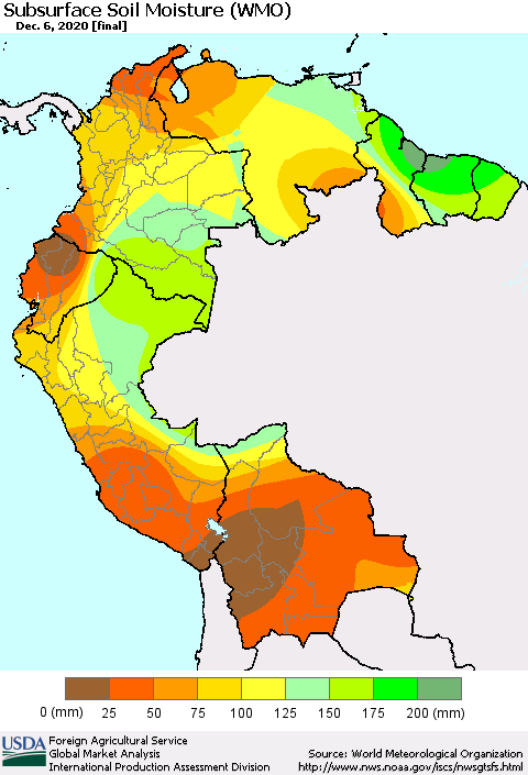 Northern South America Subsurface Soil Moisture (WMO) Thematic Map For 11/30/2020 - 12/6/2020