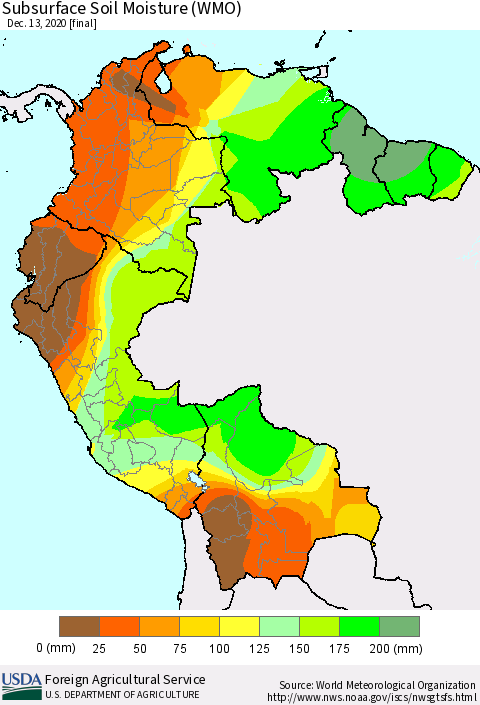 Northern South America Subsurface Soil Moisture (WMO) Thematic Map For 12/7/2020 - 12/13/2020