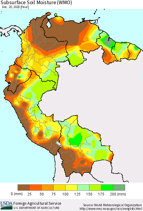 Northern South America Subsurface Soil Moisture (WMO) Thematic Map For 12/14/2020 - 12/20/2020
