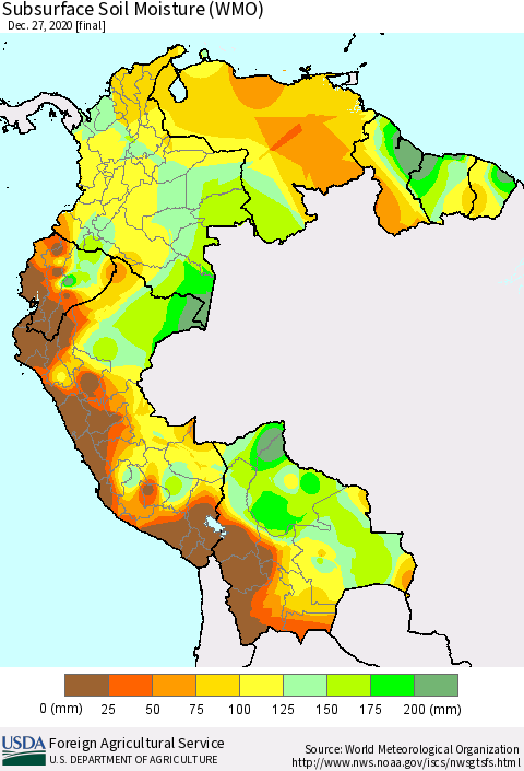 Northern South America Subsurface Soil Moisture (WMO) Thematic Map For 12/21/2020 - 12/27/2020